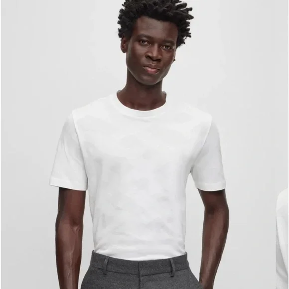 HUGO BOSS MERCERISED-COTTON T-SHIRT WITH LARGE JACQUARD-WOVEN MONOGRAMS SIZE M - Picture 1 of 6